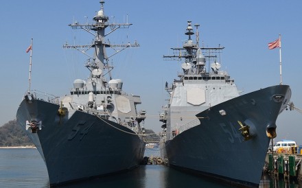 The USS Curtis Wilbur (left) and the USS Antietam – ships of different classes with the same pennant number – sailed the Taiwan Strait in October. Photo: US Navy
