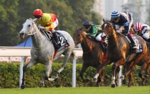California Memory maintains a lead over his rivals to retain the Hong Kong Cup as a cheeky Matthew Chadwick sticks his tongue out. Photo: Kenneth Chan
