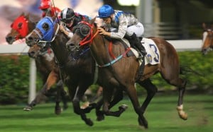 Zac Purton (on Young Talent, inside) and Joao Moreira (Golden Addiction) dead-heat at Happy Valley in early November. The battle between the jockeys made for great, almost dangerous, theatre on Wednesday night and is likely to intensify as the Jockeys' Championship tightens. Photo: Kenneth Chan