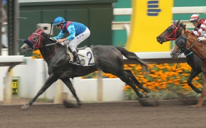 Pablosky (Nash Rawiller) races away for a comfortable victory. Photo: Kenneth Chan