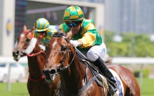 Joao Moreira gets the job done on Heroic Guru who was acting up but still won the fifth. Photos: Kenneth Chan