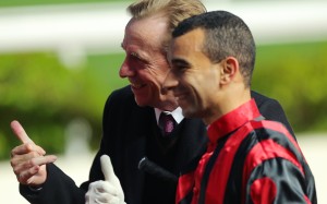 Race 11, trainer John Size with jockey Joao Moreira, won the class 2 over 1400m at Sha Tin. 27DEC15