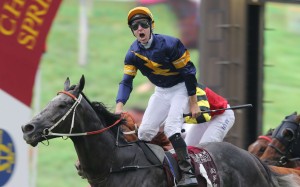 Tommy Berry celebrates as Chautauqua wins the Chairman’s Sprint Prize. Photo: Kenneth Chan