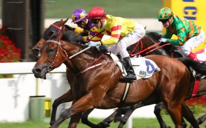 Sam Clipperton guides Booming Delight to victory in the Group Three Lion Rock Trophy. Photos: Kenneth Chan