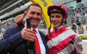 Michael Freedman celebrates his first Hong Kong winner with jockey Sam Clipperton. Photos: Kenneth Chan