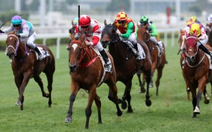 Zac Purton (red and white silks) guides Lean Perfection to victory at Sha Tin. Photos: Kenneth Chan