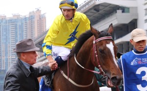 John Moore celebrates winning the 2017 Hong Kong Gold Cup with Werther’s jockey Hugh Bowman. Photos: Kenneth Chan