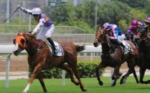 Jockey Jack Wong celebrates as he crosses the line aboard Exponents at Sha Tin on Sunday. Photos: Kenneth Chan