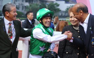 Jockey Silvestre de Sousa shares a laugh with trainer Tony Cruz and owner Kerm Din after Pakistan Friend’s win at Sha Tin. Photos: Kenneth Chan