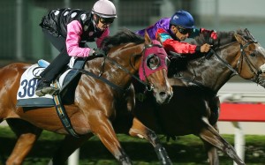 Zac Purton (inside) sits quietly on Beauty Generation in Tuesday’s trial while Singapore Sling is pushed out to the line. Photos: Kenneth Chan