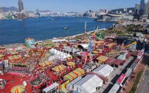 Drone aerial view of the AIA “The Great European Carnival” in Central Harbourfront. Photo: SCMP / Roy Issa