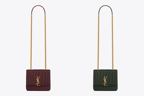 (Left) Medium Vicky chain bag in burgundy lambskin quilted leather. (Right) Medium Vicky chain bag in dark green lambskin quilted leather.