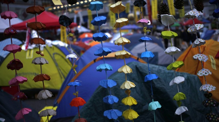 Rows of handmade paper umbrellas, a symbol of the Occupy campaign, are seen amid the protests of 2014. Photo: EPA