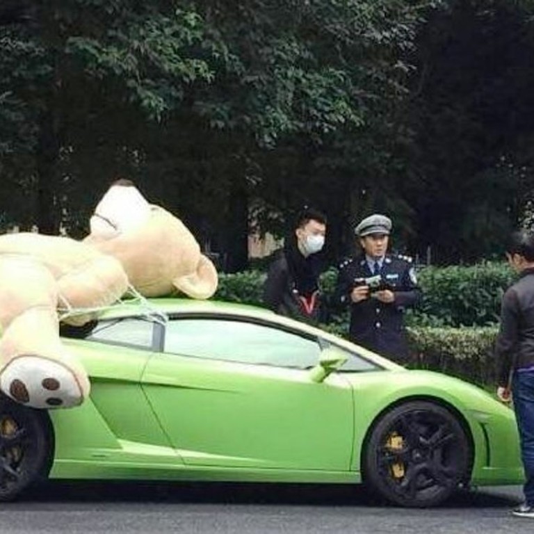 More Than He Can Bear Tv Reporter In China Pulls Over Lamborghini With Giant Teddy Strapped To Its Roof South China Morning Post