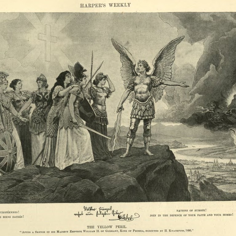 An illustration in Harper’s Weekly, titled ‘The Yellow Peril’ (1895), comes with an exhortation: ‘Nations of Europe! Join in the defence of your faith and your homes!’