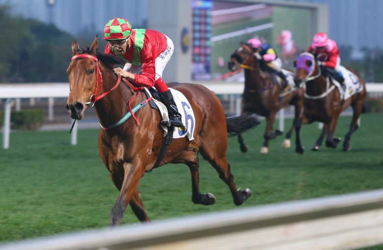 Joao Moreira scores an emphatic five-length victory in the last event aboard Flame Hero to complete his four-timer at Sha Tin on Saturday. Photo: Kenneth Chan