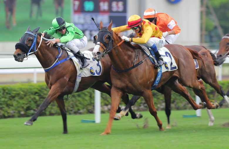 Military Attack (Zac Purton) gets up on the inside to just get the better of Gold-Fun (Douglas Whyte). Ambitious Dragon (Gerald Mosse) was third. Photo: Kenneth Chan