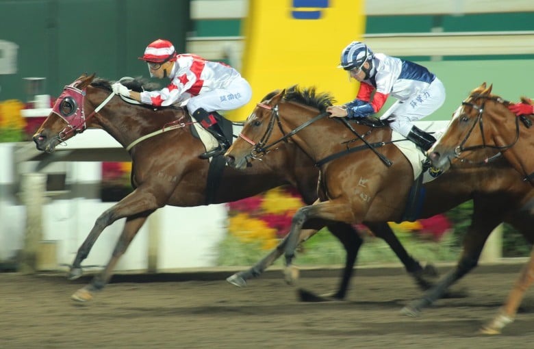 Joao Moreira punches out Verdane to win the last race for John Moore. They are set to combine again this weekend in the four international races. Photos: Kenneth Chan
