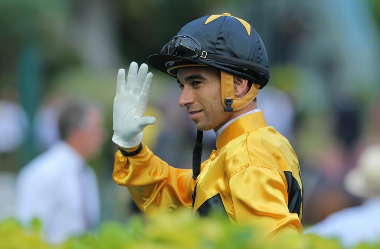 Joao Moreira celebrates after Dashing Fellow makes it five wins for the day. Photo: Kenneth Chan