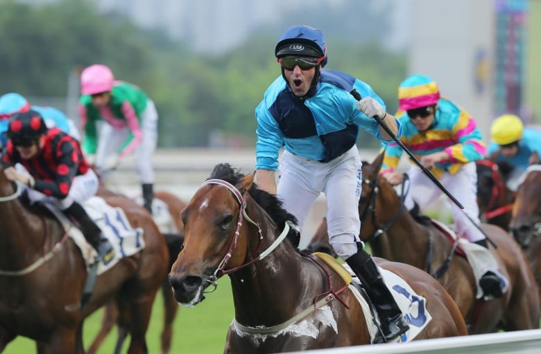 Neil Callan celebrates wildly as Not Listenin'tome wins the National Day Cup, stamping himself as one of Hong Kong's best emerging sprinters. Photos: Kenneth Chan