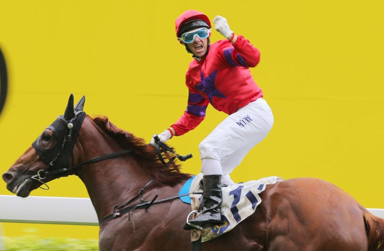 Brett Prebble celebrates after winning on heavily backed Victory Boys for David Hall. Photo: Kenneth Chan