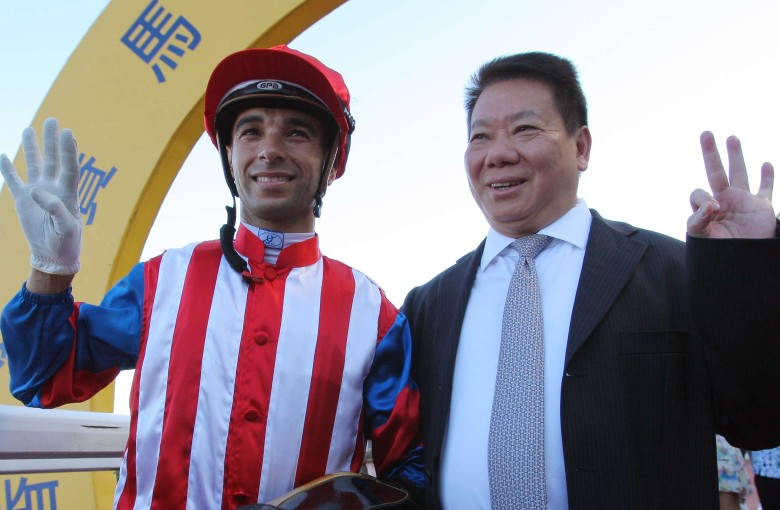 Joao Moreira celebrates his 400th winner in Hong Kong and his fourth winner of the day with Manfred Man, who brought up a treble with Spicy Sure. Photo: Kenneth Chan