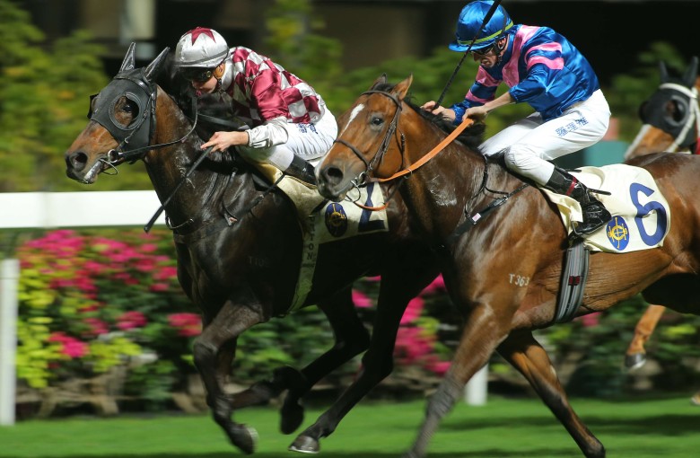Zac Purton and Andoyas (left) hold off Nash Rawiller and Happy Contender at Happy Valley on Wednesday night. Photos: Kenneth Chan