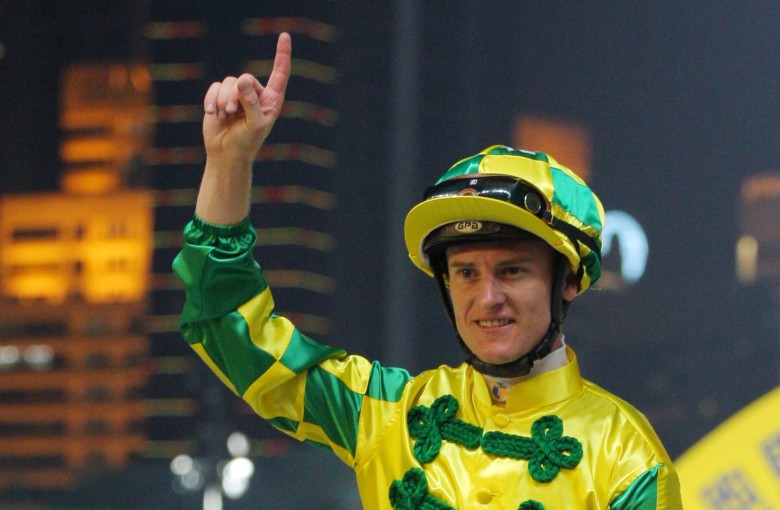 Zac Purton celebrates a win on Grace Heart in April 2015. Photos: Kenneth Chan.
