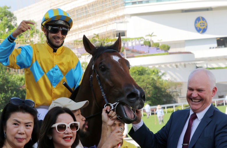Trainer David Hall with Mr Lumieres and jockey Alberto Sanna after their victory down the straight 1,000m at Sha Tin. Photos: Kenneth Chan