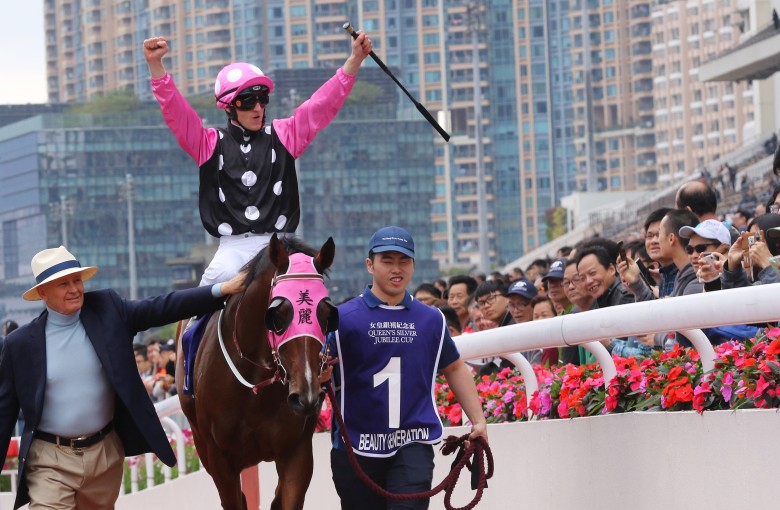 Zac Purton celebrates Beauty Generation’s sixth Group One victory. Photos: Kenneth Chan