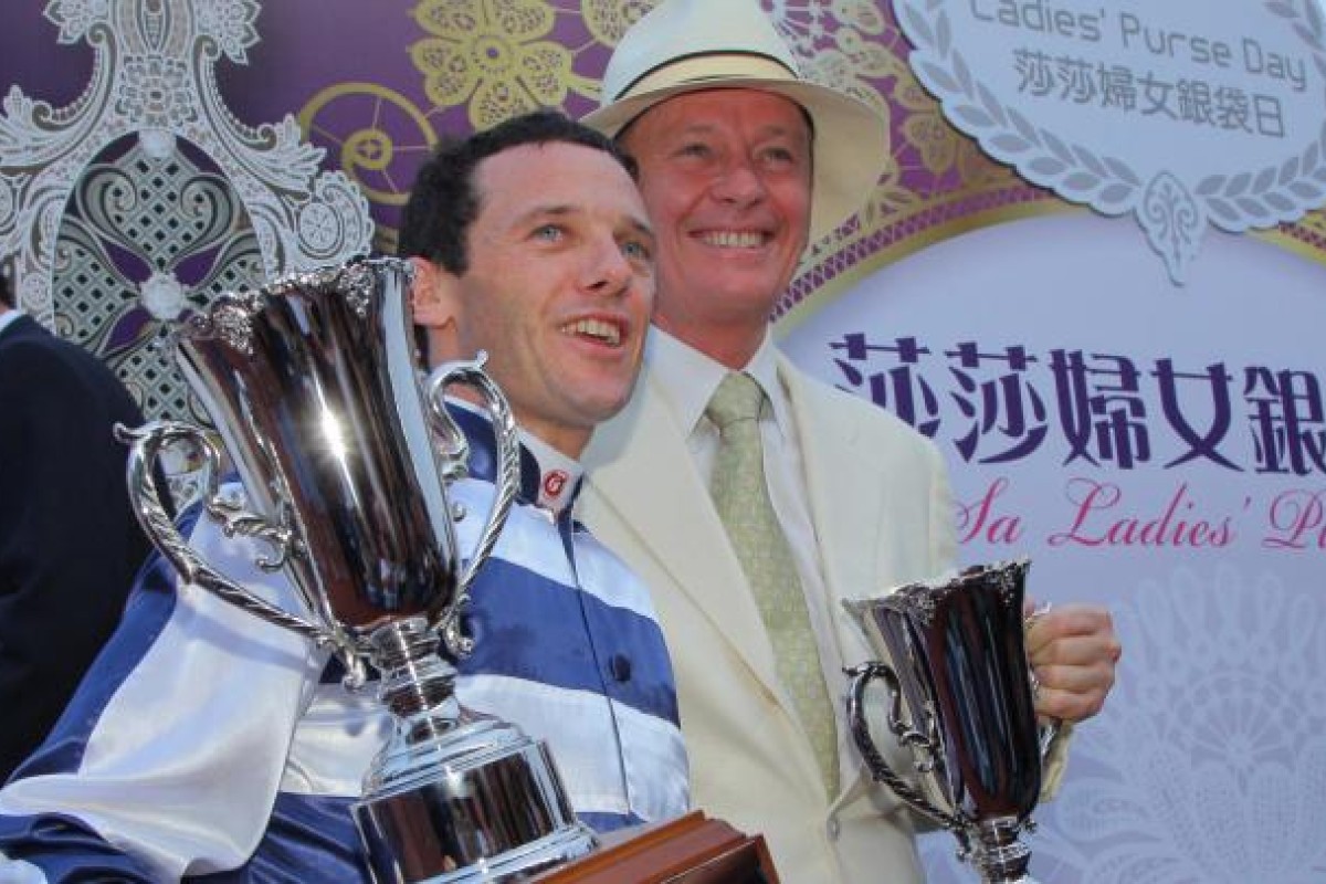 Brett Prebble and John Moore celebrate winning the Sa Sa Ladies' Purse. Photo: Kenneth Chan