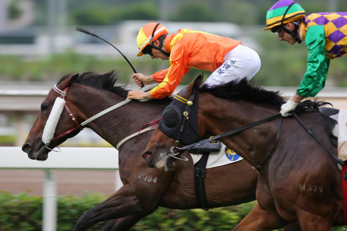 Brazilian rider Joao Moreira leaves nothing to chance as he drives Flagship Shine to the line to win the Panasonic Cup at Sha Tin yesterday. Photo: Kenneth Chan