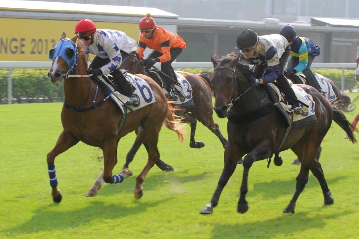 London Walk (outside) cruises to the line in a recent trial. He has his second start on Wednesday night. Photo: Kenneth Chan.