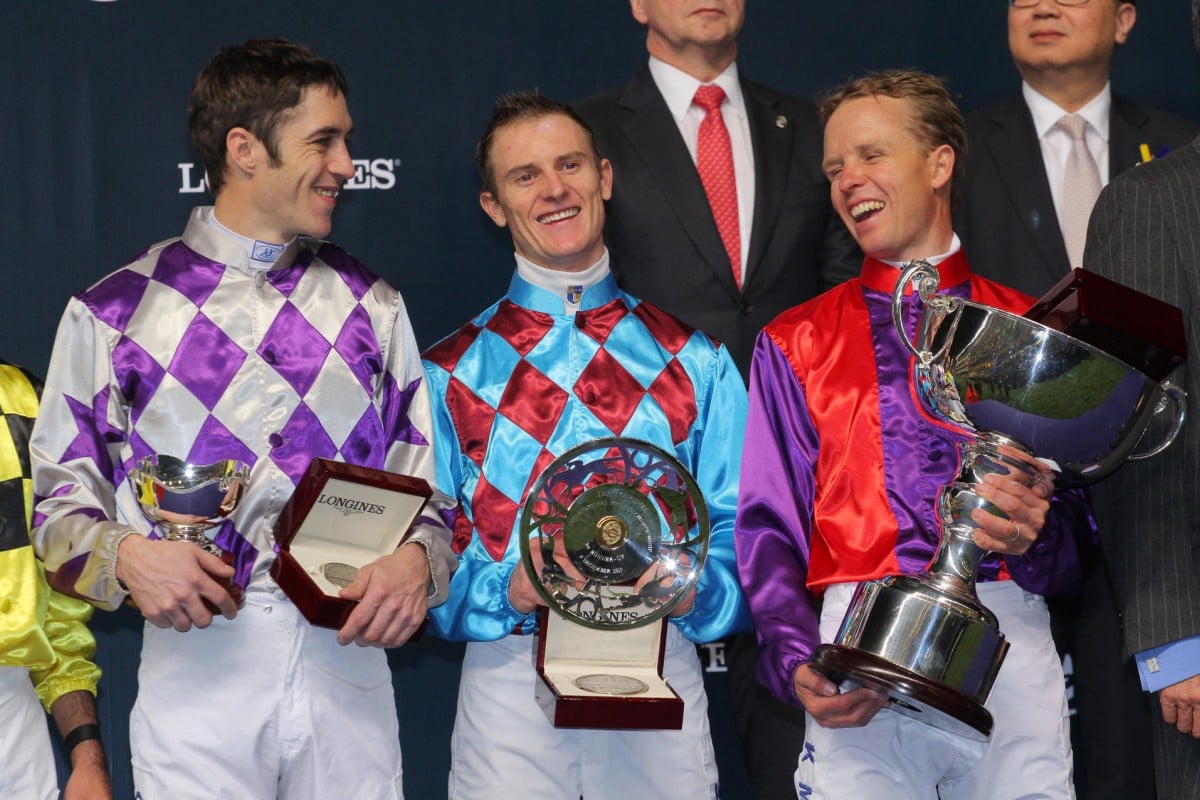 Kerrin McEvoy (right) can afford to smile after winning the Longines International Jockeys' Championship ahead of Zac Purton and Christophe Soumillon. Photo: Kenneth Chan