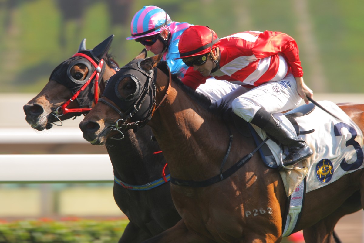 Wayfoong Express (Tye Angland) just gets the better of Khaya (Douglas Whyte) to stamp his Derby credentials. Photo: Kenneth Chan