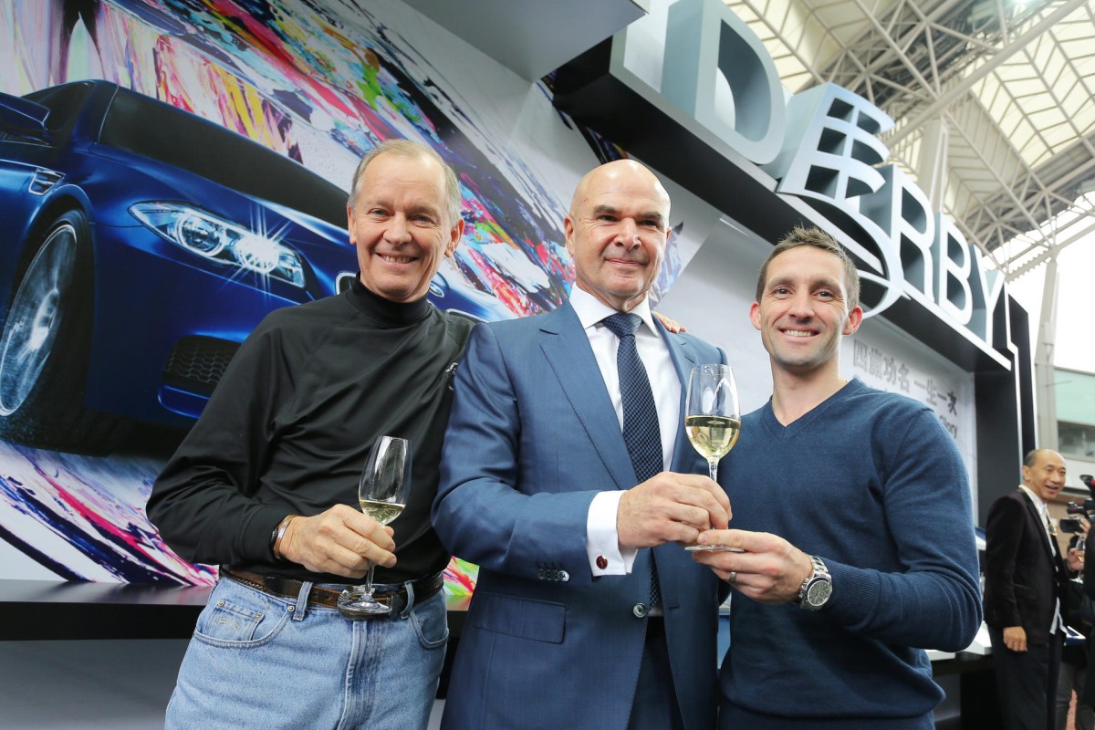 The team behind Secret Sham and Dan Excel - trainer John Moore (left), owner David Boehm and jockey Neil Callan - at the Hong Kong Derby draw. Photo: Kenneth Chan