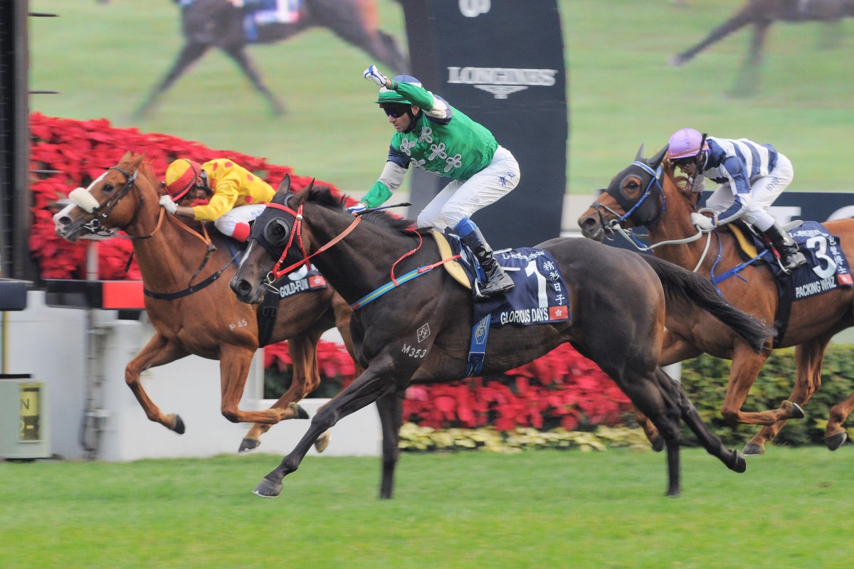 Glorious Days (Douglas Whyte) just nails Gold-Fun (Olivier Doleuze) in the Hong Kong Mile. On Sunday, Whyte jumps aboard Gold-Fun, who is back to the 1,400m. Photos: Kenneth Chan