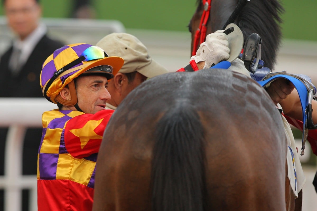 Douglas Whyte unsaddles Gorgeous Debut after his dominant victory. Photo: Kenneth Chan