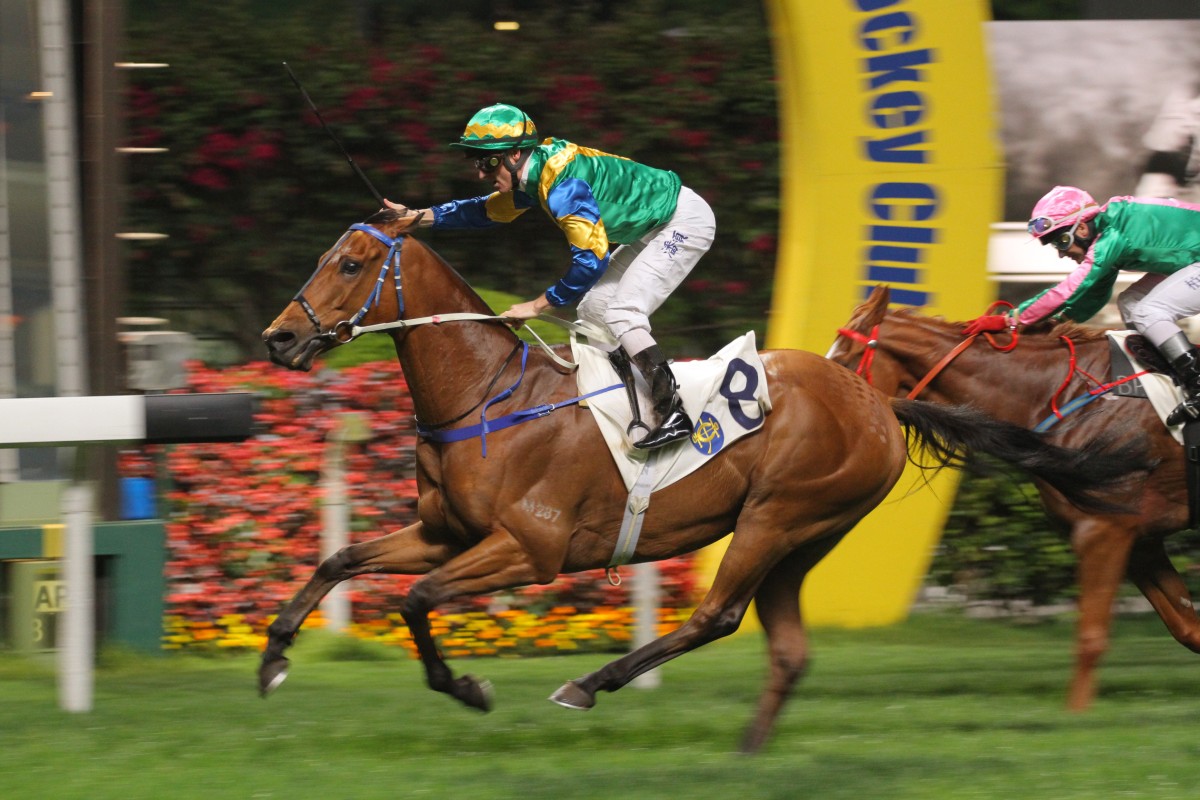 My Name Is Bond, ridden by Zac Purton, win the Class Two over 1,000m at Happy Valley. Photo: Kenneth Chan 