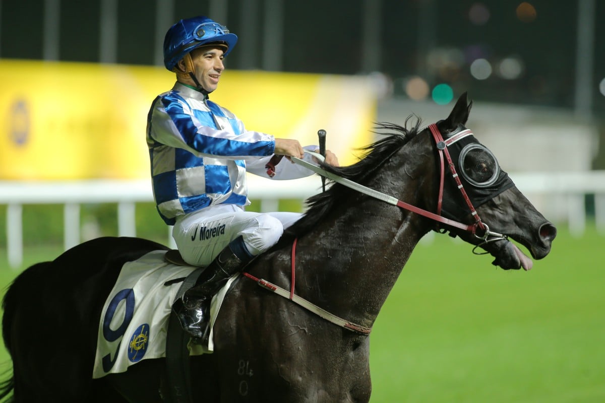 Brazilian rider Joao Moreira notches he first of his double win, Stag Knight, in a Class Four over 1,200m at Happy Valley.
