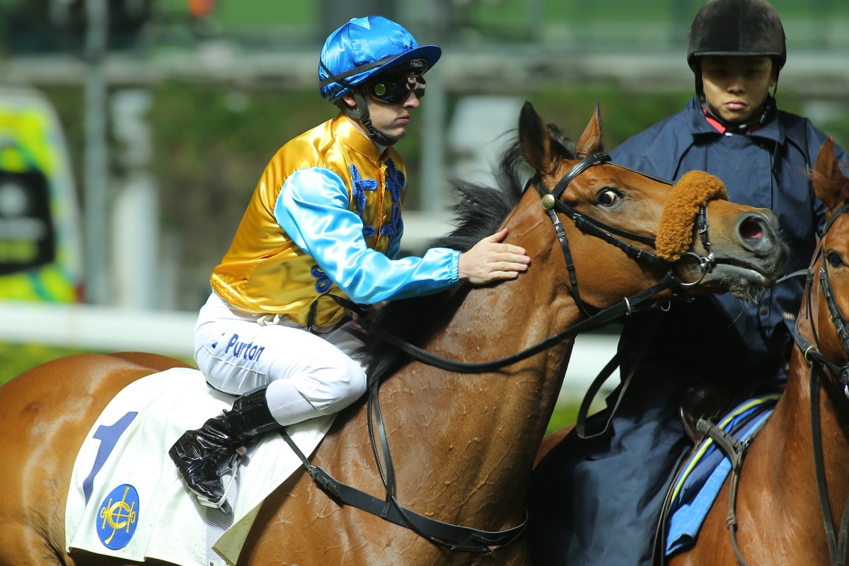 Zac Purton comes back to scale after winning race five with Flying Chaparral.