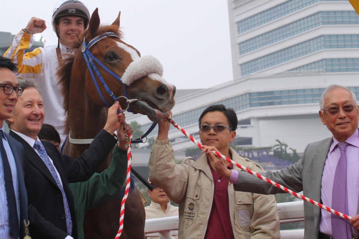 Co-owner Wong Chung-hin (right) and trainer David Ferraris after Dynamism's breakthrough Class Two victory over 1,800m a month ago. Photos: Kenneth Chan