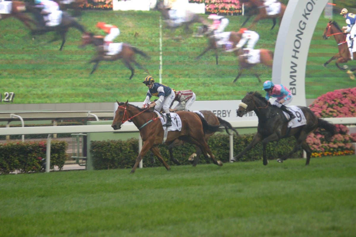 Zac Purton celebrates after steering Luger to victory in the BMW Hong Kong Derby. Photo: Andrew Hawkins