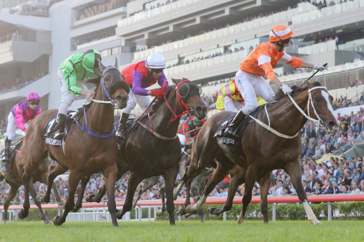 Neil Callan salutes on Blazing Speed in the Jockey Club Cup, the main prelude to the Hong Kong Cup. He can upset the big guns again today in the Audemars Piguet QE II Cup. Photo: Kenneth Chan