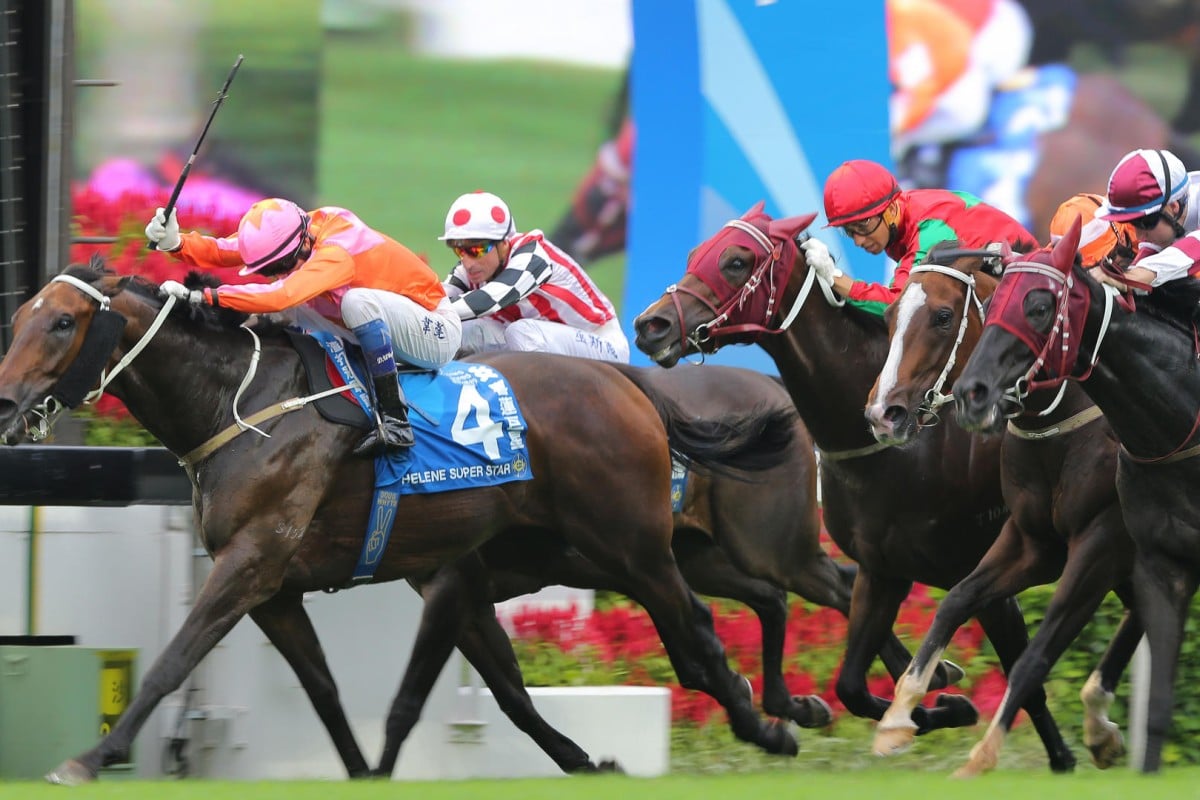 Douglas Whyte drives home Helene Super Star to win the Champions & Chater Cup. It was the horse's first attempt at 2,400m. Photos: Kenneth Chan