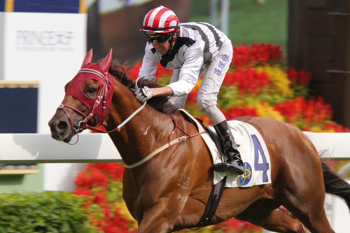 Nash Rawiller is at his vigorous best as he drives Secret Sham to the line to win the Prince Jewellery & Watch Premier Cup, the rider's first Group win in Hong Kong. Photos: Kenneth Chan