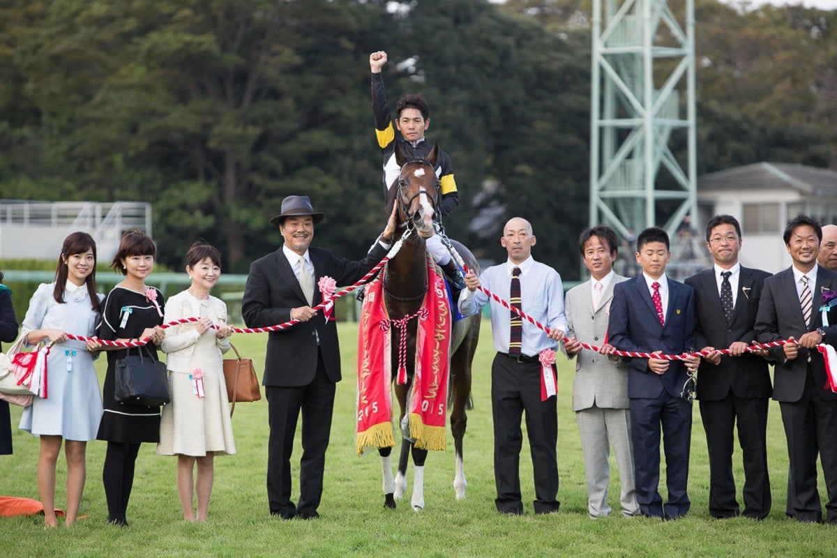 Keita Tosaki punches the air as he celebrates his Sprinters Stakes win on Straight Girl.