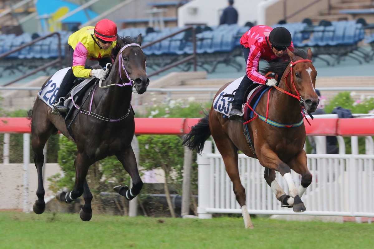 Mr Stunning (Karis Teetan) just holds off Racing Supernova (Joao Moreira) in a trial on Tuesday. Photo: Kenneth Chan