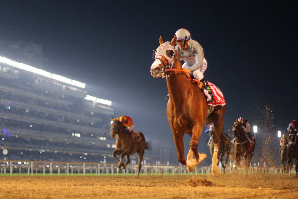 Popular American galloper California Chrome wins the Dubai World Cup easily in front of a packed crowd at Meydan. Photo: Kenneth Chan