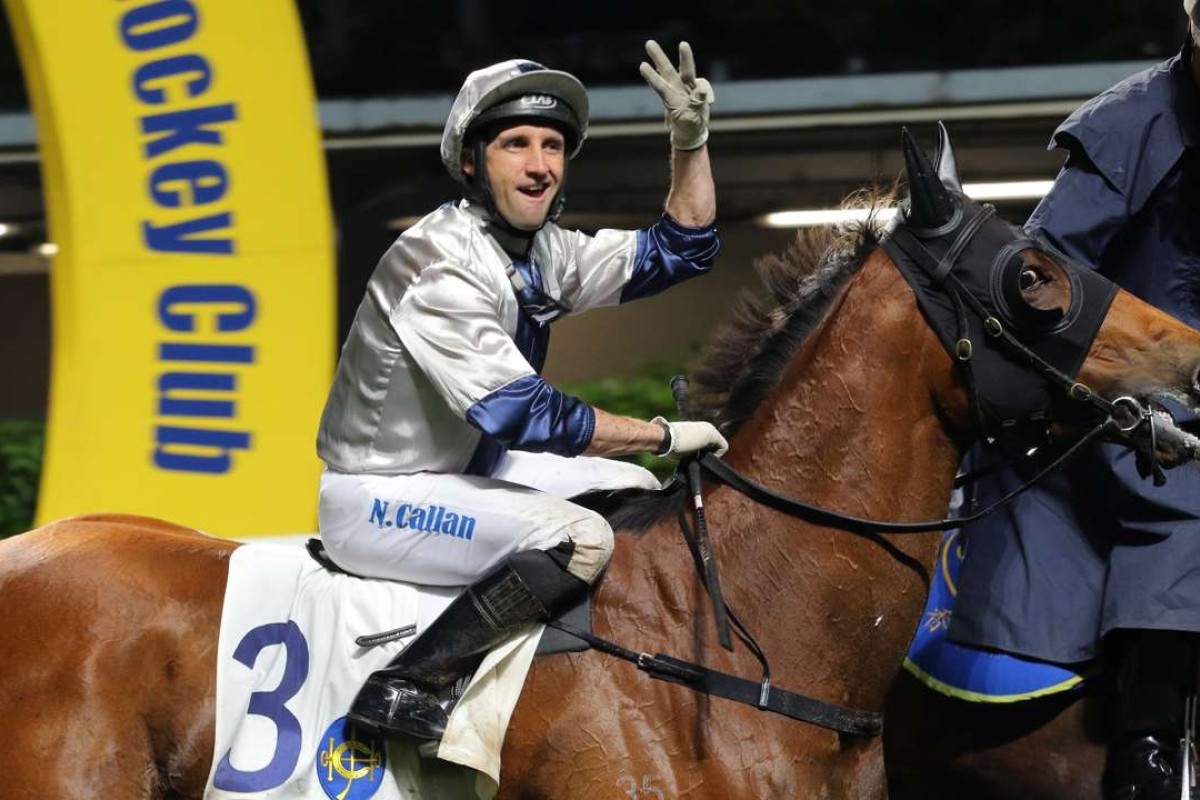 Neil Callan dominated at Happy Valley on Wednesday night, riding a treble to take his second consecutive Jockey Challenge at the city circuit. Photo: Kenneth Chan
